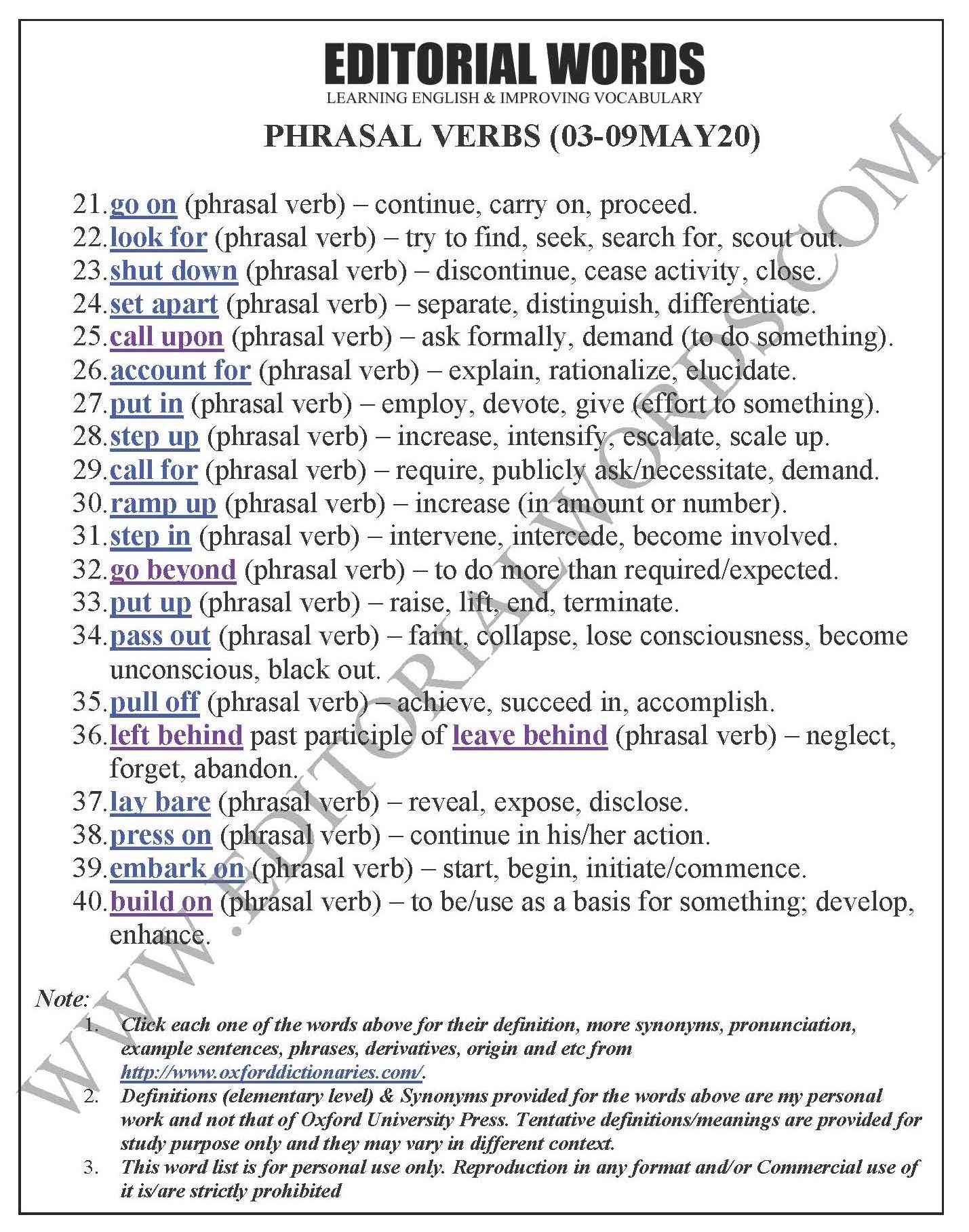 “phrasal Verbs” We Learnt Last Week (may 03-09, 2020) - Editorial Words