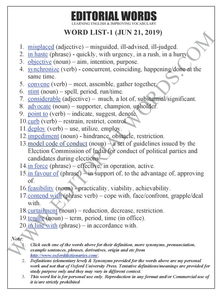 The Hindu Editorial (Misplaced Priorities) - Jun 21, 2019 - Editorial Words