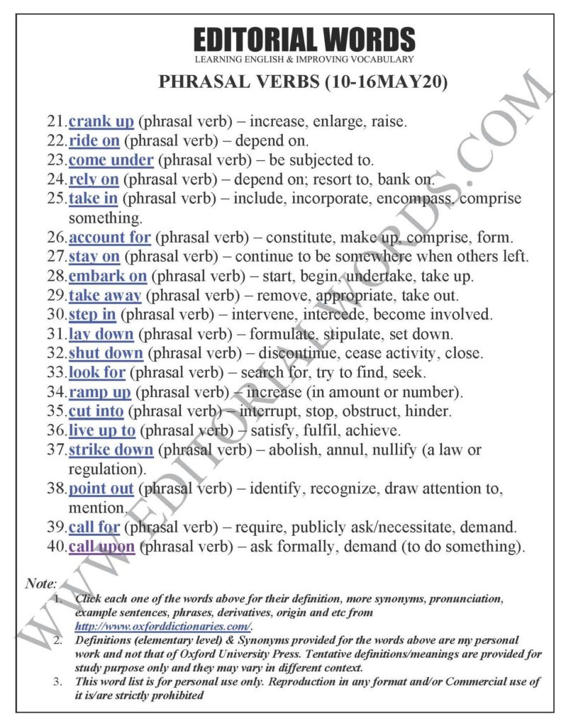 “Phrasal Verbs” We Learnt Last Week (May 10-16, 2020) - Editorial Words