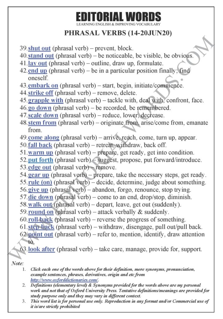 “Phrasal Verbs” We Learnt Last Week (Jun 14-20, 2020) - Editorial Words