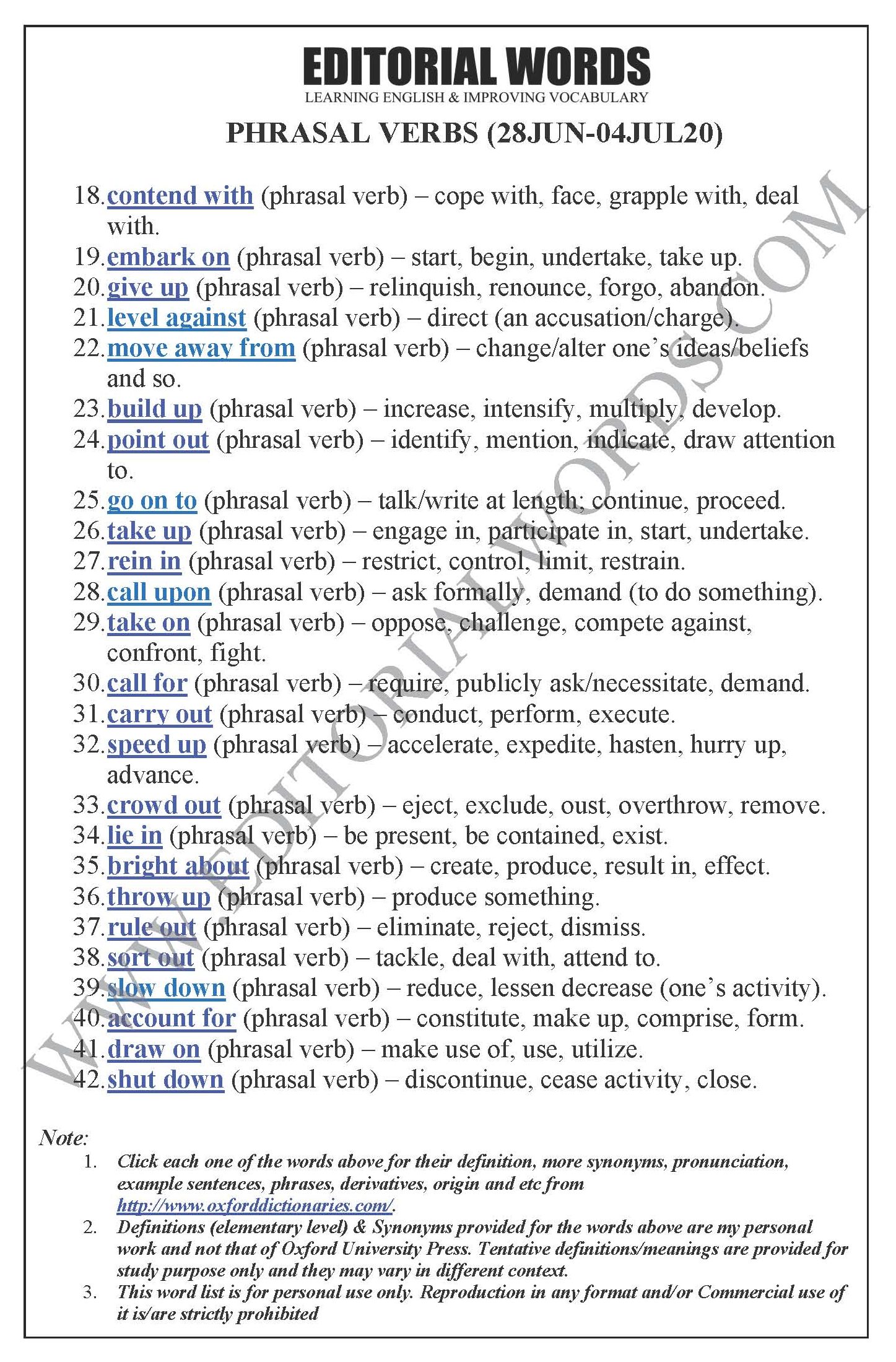 “Phrasal Verbs” We Learnt Last Week (Jun 28-Jul 04, 2020) - Editorial Words