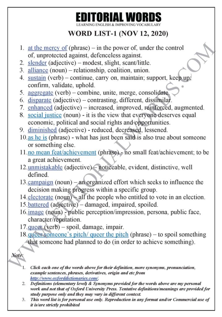 The Hindu Editorial (Weak at the top) - Nov 12, 2020 - Editorial Words