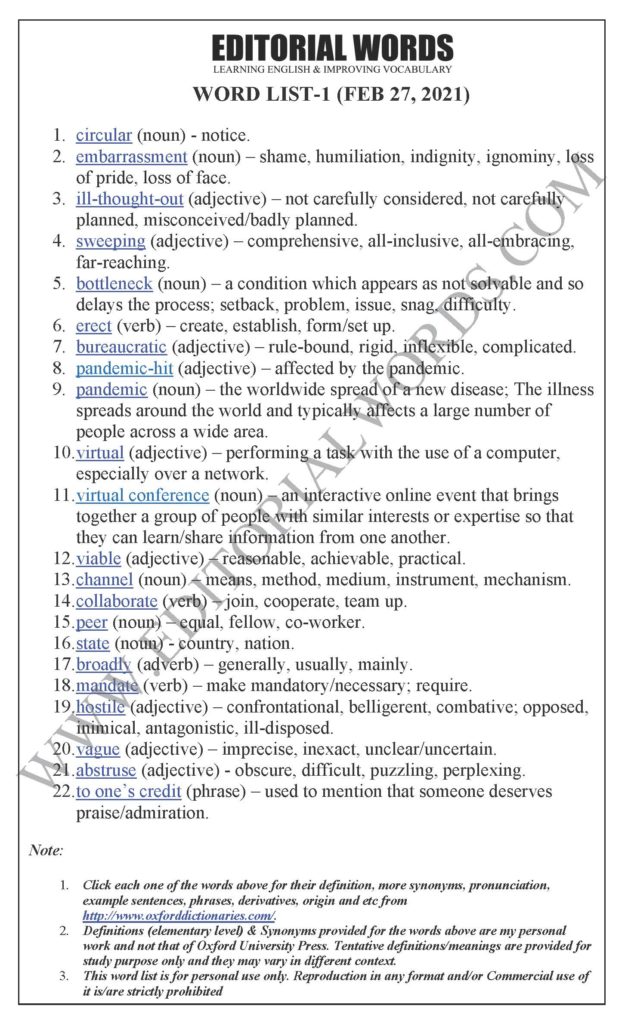 The Hindu Editorial (Open minds) – Feb 27, 2021 - Editorial Words