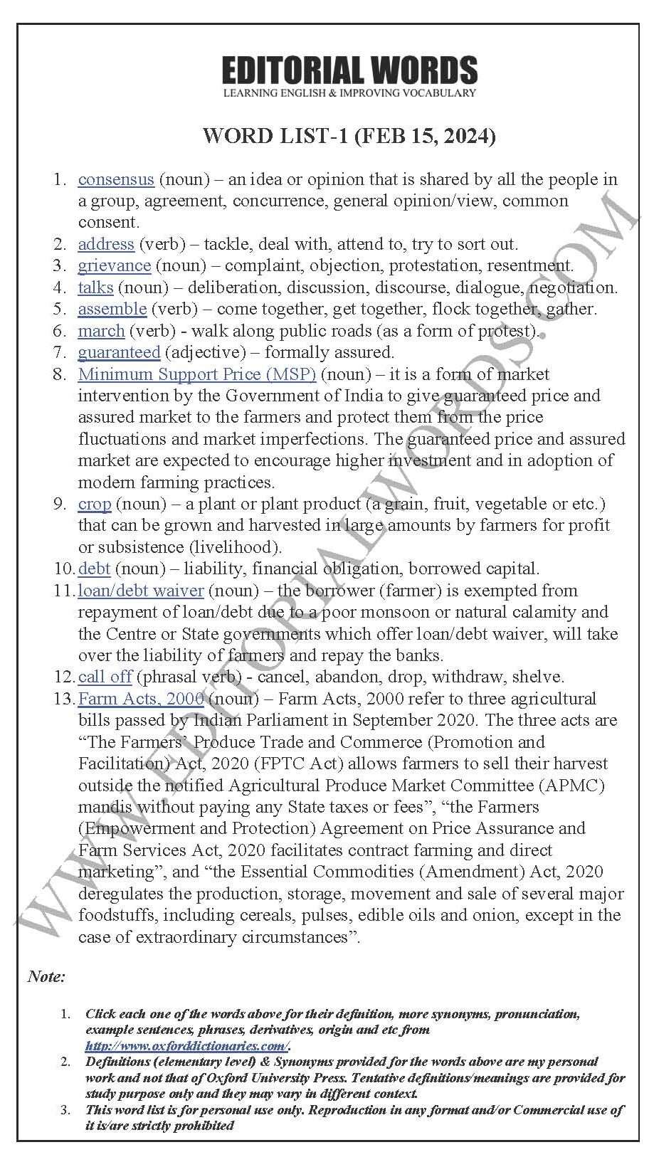 The Hindu Editorial (Farming consensus) – Feb 15, 2024 - Editorial Words